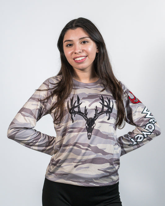 long sleeve grey camo shirt with deer head print